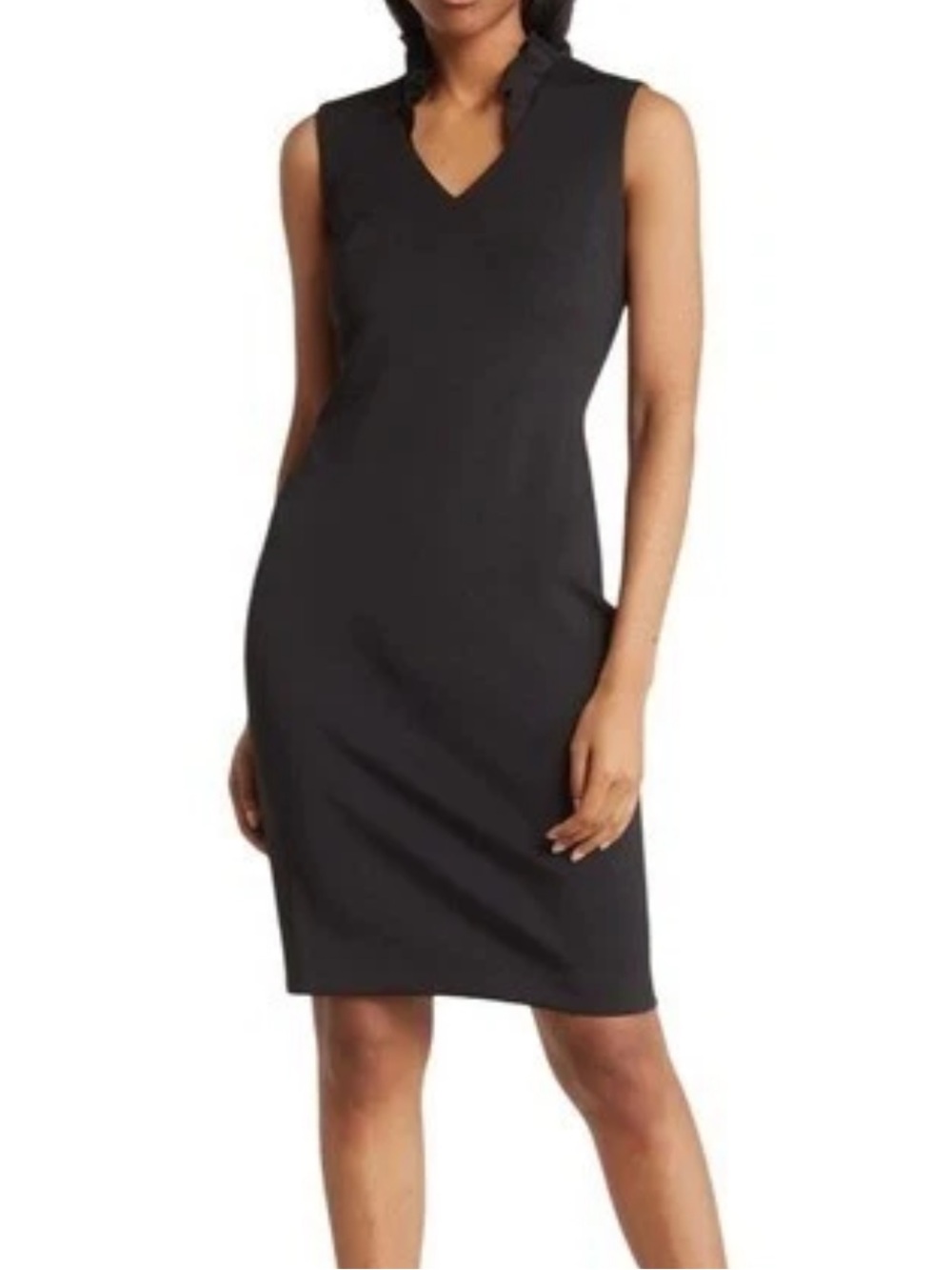 NWT Calvin Klein Black Sleeveless Sheath Size 4 Dress with Ruffle Neck